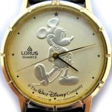 VINTAGE LORUS MICKEY MOUSE GOLD COIN Embossed Mens Womens WATCH Leather Band - Leather - Gold