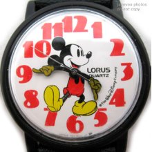 Vintage Mickey Mouse Lorus Black Plastic Red Numbers Wristwatch Watch Leather