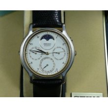 Vintage Seiko 7f39-6029 Moon Phase Mens Dress Watch Dual Tone Excellent Cond.