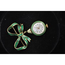 Vintage Swiss 18 K Solid Gold + Enamel Brooch Watch Keeping Time