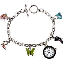 Watch Charm Butterfly Moon Boot Swan Bracelet Silver Chain White Face