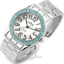 Watches, Womens Fashion Watch - Bangle W/ Aqua Crystals