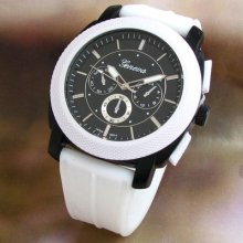 White 3d Geneva Mesh Case Silicone Gel Rubber Band Supersize Sport Men's Watch