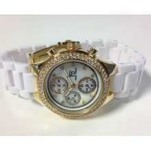 White Acrylic Ladies Gold Iced Out Crystal Decorative Chronograph Watch 1745