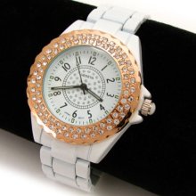 White Bracelet Geneva Rose/gold Crystal Bezel Women's Bracelet Watch