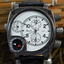 White Dial Black Leather Strap Men's Boy's Quartz Stainless Steel Wrist Watch