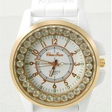 White/gold Rhinestone Crystal Round Bezel Silicone Jelly Oversized Women's Watch