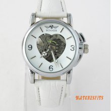 White Hollow Love Heart Skeleton Self-winding Mechanical Lady Girls Wrist Watch