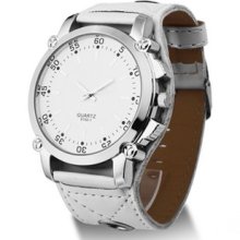 White Leather Fashion Oversized Men Quartz Luminous Hands Wrist Watch S9