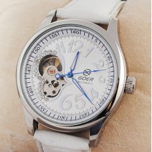 White Pu Leather Automatic Skeleton Wristwatch Dress Womens Lady Gift W/crystal