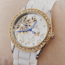 White Silicon Grace Skeleton Womens Automatic Wristwatch Crystal Frame Elegant