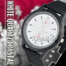 White Stylish Big Quartz Crystal Wrist Watch Cloth Band Fashion Gift Unisex