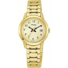 Womenandapos;s Gold Tone Stainless Steel Champagne Dial Dress Watch with Expansion Bracelet