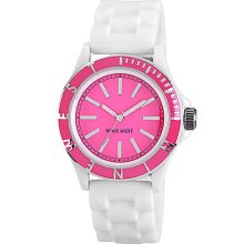 Women's Round Magenta Enamel & White Silicone Quartz Watch