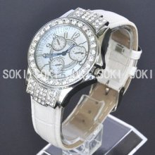 Womens Silver Crystal White Dial Analog Quartz Ladies Leather Band Watch W11