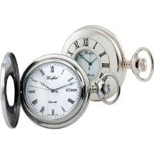 Woodford Quartz Half-Hunter Pocket Watch, 1212, Men's Chrome-Finished With Chain (Suitable For Engraving)