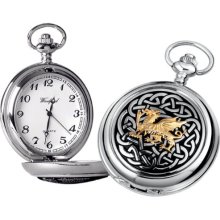 Woodford Quartz Pocket Watch, 1912/Q, Men's Chrome-Finished Gilt Welsh Dragon Pattern With Chain (Suitable For Engraving)