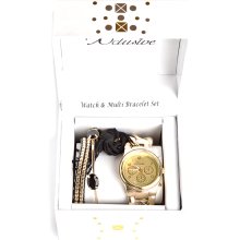 Xclusive Ladies Gold Tone 3-Eye Subdial Cuban Link Watch and Bracelet Set 16033