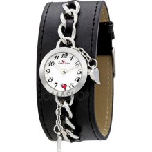 Zou Zou White Dial Black Faux Leather Cuff Strap Ladies Watch ZRT6011