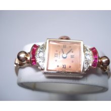 14 Karat Rose Gold Ladies Tourneau Wristwatch Rubies and Diamonds Matc