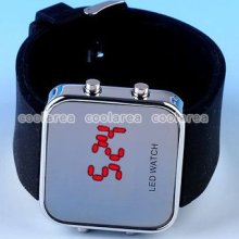 1pc Silvery Unisex Sport Red Led Digital Black Rubber Watch Wristwatch Fashion