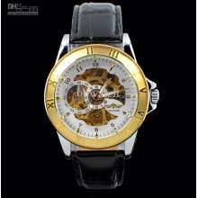 1pcs Mens Good Quality Wrist Watch Black Leather Winner Golden Case