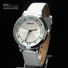 1x Men White Leather Strap Quartz Luxury Watch Silver-tone Dial 533t