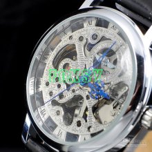 2012 New Men's Black Leather Luxury Skeleton Dial Hand-wind Up Mecha