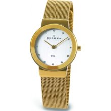 358SGGD Skagen Ladies White Glitzy Gold Mesh Watch