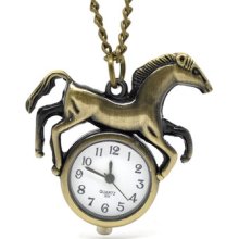 4 Bronze Tone Necklace Chain Horse Quartz Pocket Watch 88cm (34-5/8