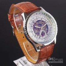 5pcs Pack Skeleton Dial Dual-second Brown Leather Automatic Mechanic