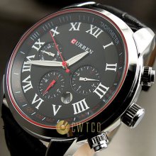 6 Dial Clock Day Hours Hand Date Water Black Leather Men Wrist Watch Wt171