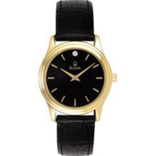 97Y01 -- Bulova Round Gilt and Black Dial Women's Watch W/Black Leather Strap Corporate Collection Corporate Collection