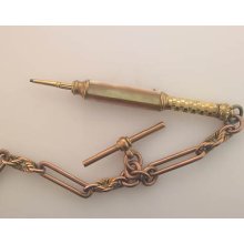 9kt Yellow Gold Pocket Watch Chain & Mechanical Pencil In Abalone