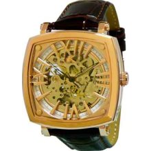 Adee Kaye Mens Rosetone Skeleton Dial Brown Leather Band Watch Ak2259-m