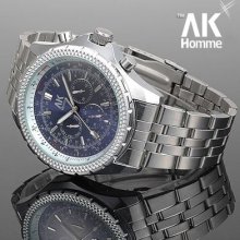 Ak-homme Pilot Military Mens Automatic Mechanical Watch Blue Dial Day Date