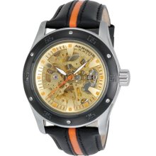 Akribos XXIV Watches Men's Skeleton Automatic Black & Orange Calfskin