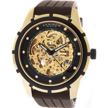 Akribos XXIV Watches Men's Automatic Gold Tone Skeletal Dial Brown Rub