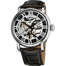 Akribos XXIV Watches Men's Silver Tone Skeletonized Dial Black Leather