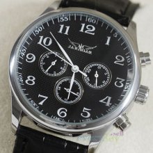 All Black Design Fashion Six Hand Date Day Mens Elegant Wrist Watches Pu Leather