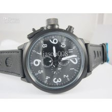 All Black Flightdeck Quartz Movement Mens Chronograph Watch Leather