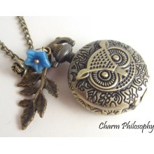 Antique Bronze Owl Pocket Watch Necklace - Quartz - Blue Flower - Nature Inspired Pocket Watch