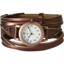 Antique Copper Leather Multi Strap Wrap Watch With Plain Face