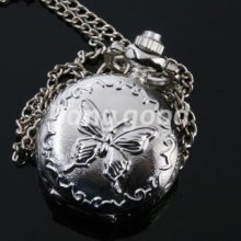 Antique Silver Butterfly Pattern Case Pandent Necklace Quartz Pocket Watch Chain