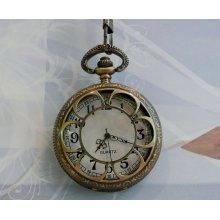 Antiqued Brass Pocket Watch with Chain and Clip