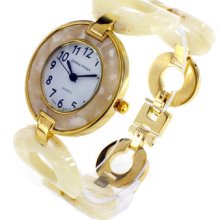 Beige Lucite Mother Pearl Bezel White Face Gold Link Bracelet Watch Usa Seller