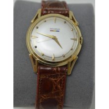 Benrus Solid 14k Gold Men's Wristwatch With Brown Leather Band