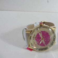 Betsey Johnson Gold Mirror Pink Lip Leather Ladies Watch Bj00108-13