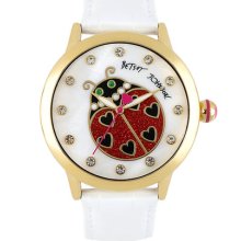 Betsey Johnson Ladybug Dial Leather Strap Watch White/ Gold