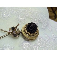 Black chrysanthemum pocket watch pendant, watch pendant, Victorian style watch adorned with Swarovski crystals, lampwork beads and charms